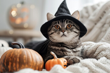 A cute grey cat in a black halloween hat is lying on a knitted plaid. There are two halloween pumpkins next to the cat.