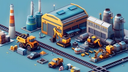 Construction bulldozer and factory isometric style icon design of remodeling working and repairing theme. 