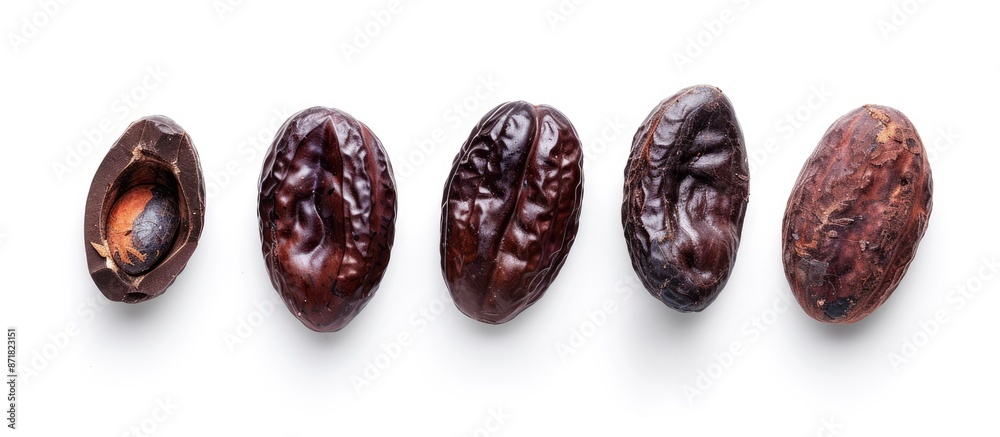 Poster Top view of raw cacao beans isolated on white background with clipping path for copy space image.