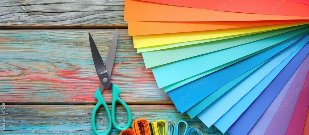 Poster top view of a table with an iridescent palette of rainbow-colored paper sheets and scissors, providi