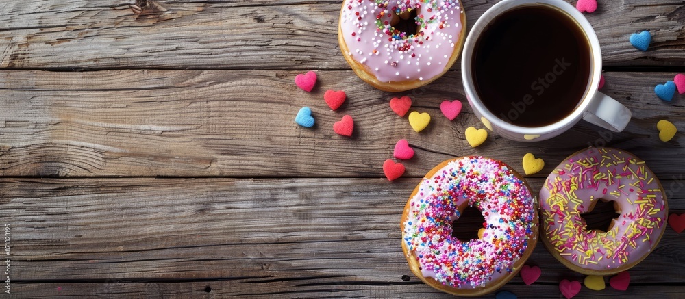 Aufkleber top view of colorful donuts with heart-shaped sprinkles and smarties, next to a cup of coffee on a w