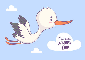 Cute flying white stork. Holiday poster national wildlife day. Festive Horizontal card with funny cartoon kawaii bird. Vector illustration.
