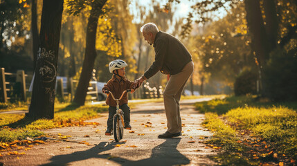 Obraz premium Happy family grandfather teaches boy grandson to ride a bike in summer park in nature