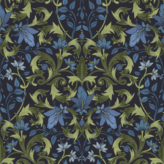 Blue-green floral pattern. Seamless classic ornament. 