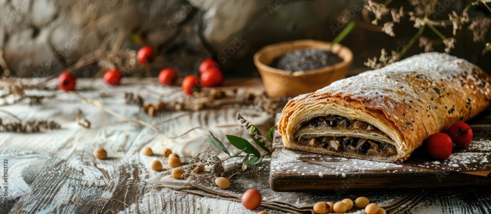 Poster Square textured stylish old paper background featuring a poppyseed strudel with copy space image.