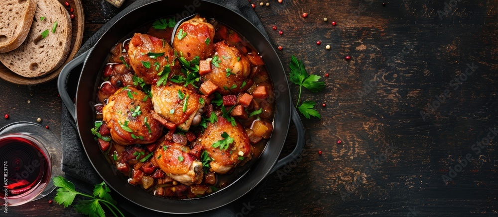 Poster Top view of chicken chilindron in a rich vegetable sauce with red wine and cured ham. Includes a copy space image.