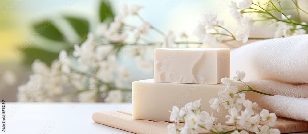 Poster Ceramic soap and towel on a blurred white spa background with ample copy space image.