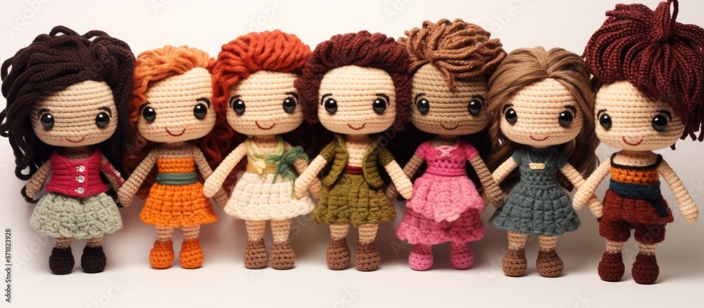 Poster Creating crocheted pieces for amigurumi dolls with a clear background for adding elements in the image.