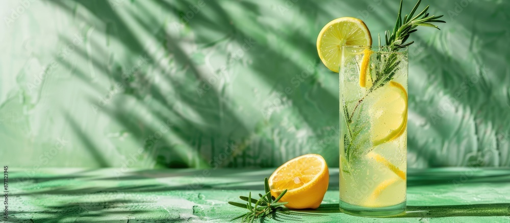 Poster refreshing carbonated beverage featuring lemon and rosemary on a green backdrop with a copy space im