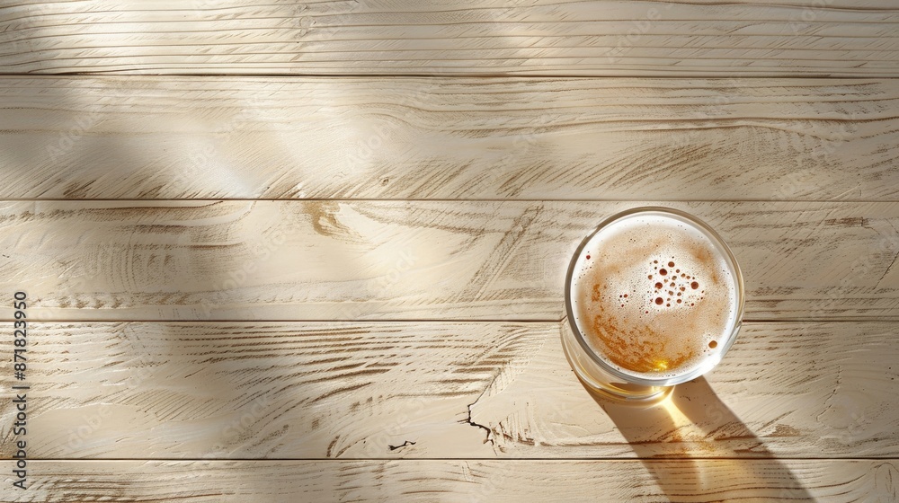 Poster beer glass on light wooden backdrop with space for text