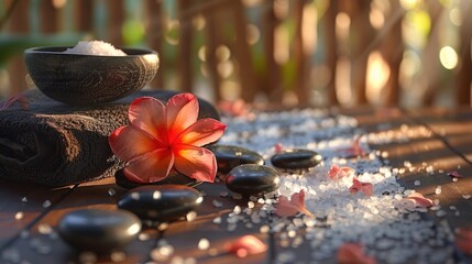 Spa composition with hot stones towel salt flower and bowl on massage table
