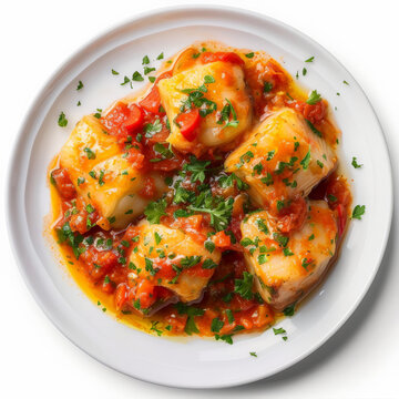 A plate of Spanish bacalao a la vizca&Atilde;&shy;na, codfish in a rich tomato and red pepper sauce, garnished with chopped parsley, isolated on white background.