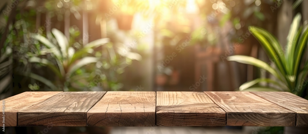 Aufkleber blank wooden board on a table with a blurred background, ideal for displaying or showcasing products