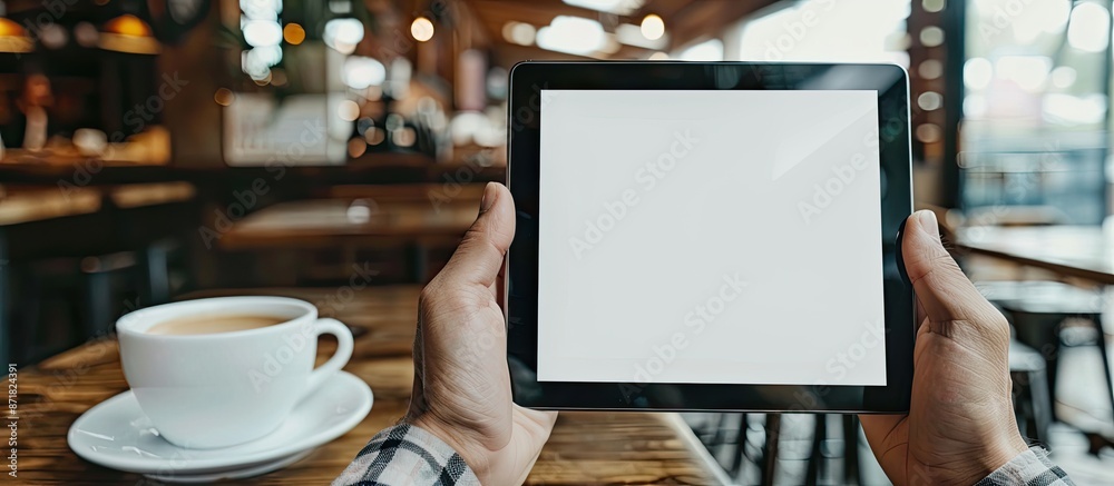 Aufkleber Coffee cup featured in a cafe setting with a black tablet PC held in hands showing a blank white screen; perfect for copy space image.