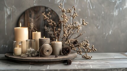 Front view home interior table setting with decorations candles spools and space for logo on a grey background