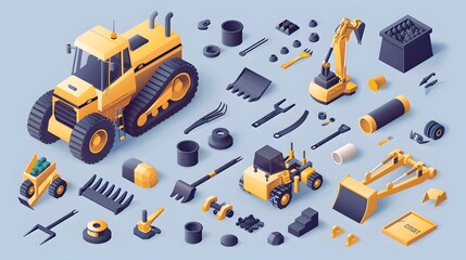 Construction bulldozer and factory isometric style icon design of remodeling working and repairing theme. 