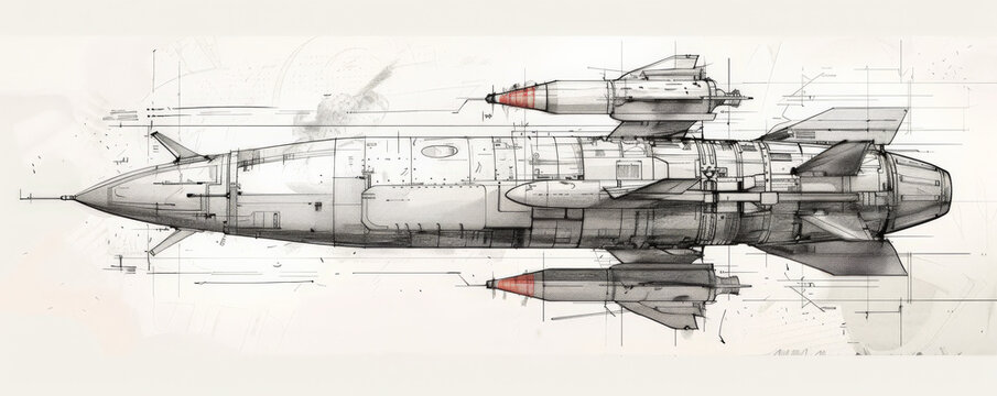 A technical sketch of a laser-guided bomb, detailing its guidance fins, explosive warhead, and targeting systems. The white background highlights the bomb's precision and design.