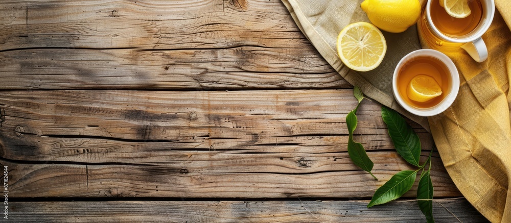 Poster wooden table with copy space image featuring lemon honey tea.