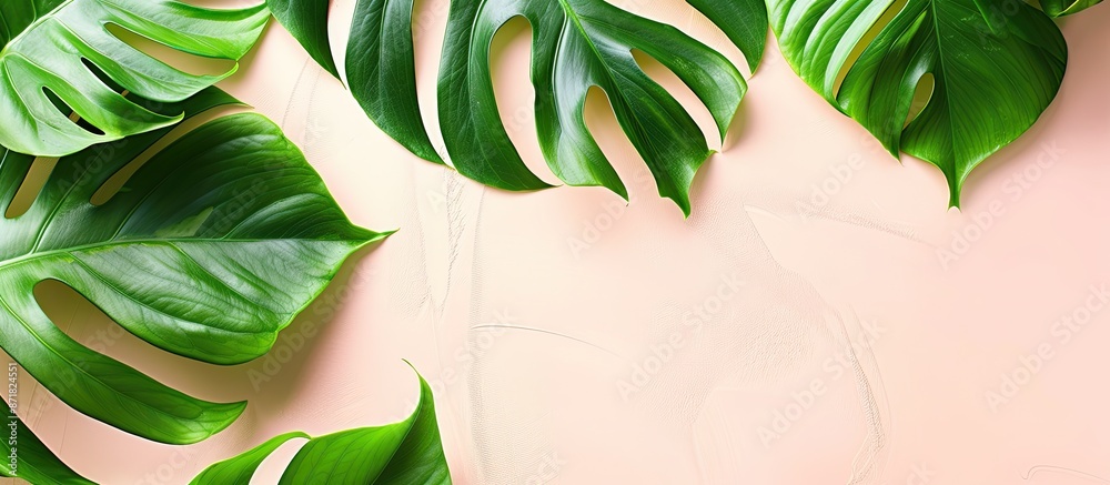 Leinwandbilder Top view image of a Monstera leaf model on a pastel background, with space for adding additional elements within the picture.