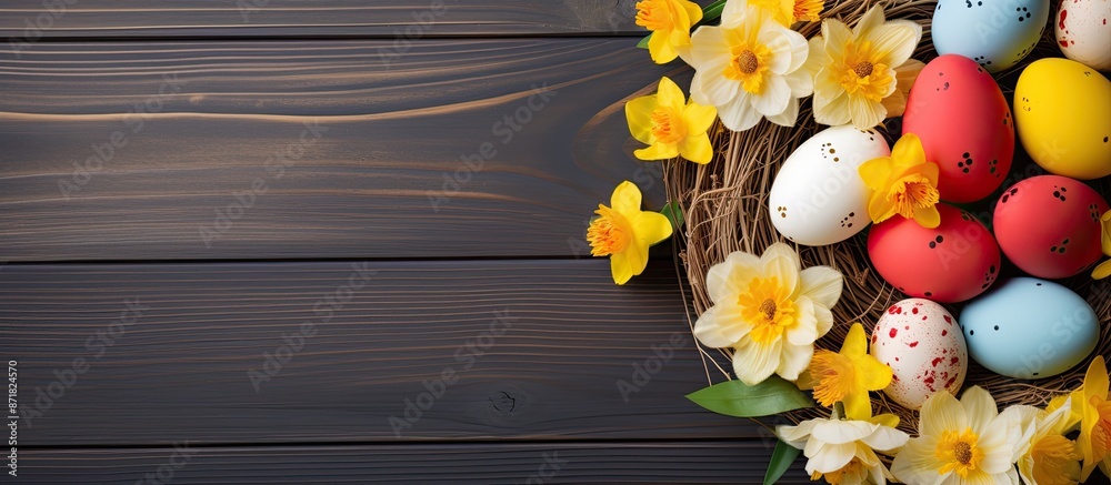 Poster close-up of a vibrant easter display: colorful eggs in a large nest, bright daffodils, and an empty 