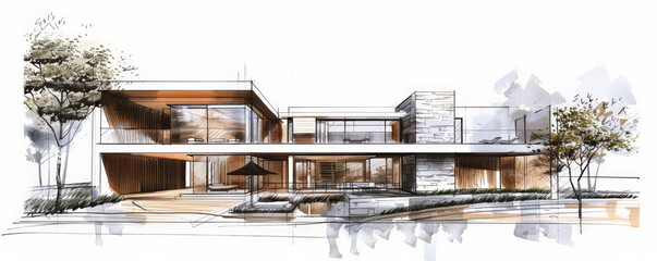 An architectural sketch of a minimalist residential house, showcasing clean lines, large windows, and open spaces. The white background enhances the simplicity and elegance of the modern design.