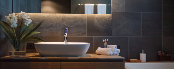 A stylish bathroom with a floating vanity and a frameless mirror, against a dark gray tile wall. The dark wall adds a touch of elegance and modernity to the space.
