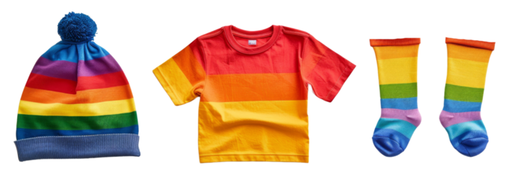 Vibrant Pride Clothing Set: Rainbow T-shirt, Hat, and Socks  cut out dicut PNG on transparent