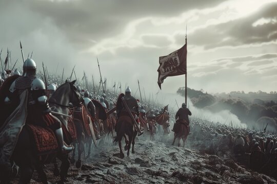 The Iconic Battle of Hastings: William the Conqueror’s Norman Knights Charge Uphill Against Anglo-Saxon Defenders in a Pivotal Moment of History.

