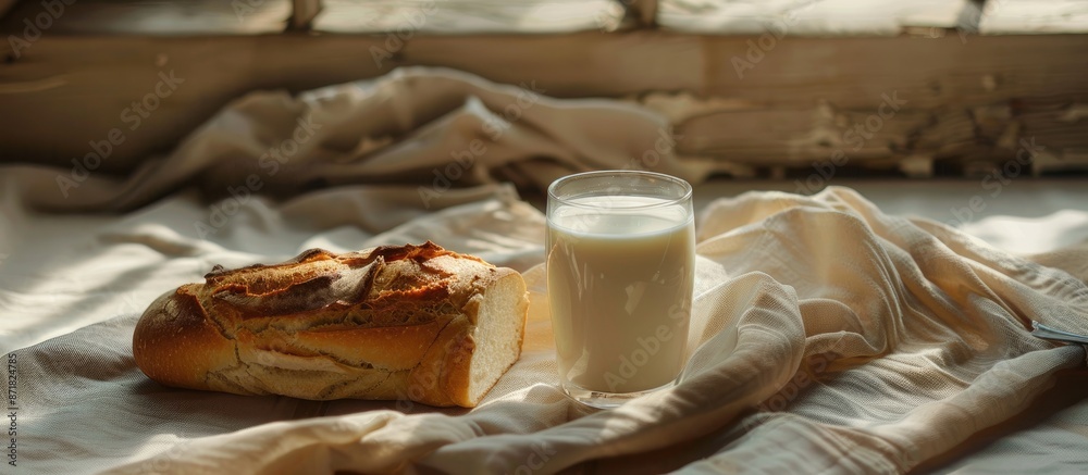 Poster a slice of bread and a glass of milk placed on a cloth-covered table with ample copy space image.