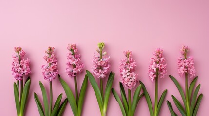 Naklejka premium Pink hyacinths on pink background with text space Overhead view flat lay