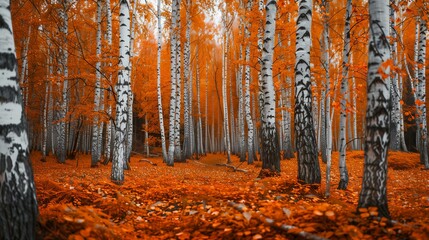 Fototapeta premium scenic birch tree forest with fallen orange leaves, eerie autumn feeling