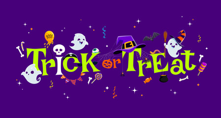 Halloween trick or treat banner with funny kawaii ghosts and candies. Vector holiday background with cute cartoon spirits in witch hats conjure magic. Lovely apparitions creating an enchanting sorcery