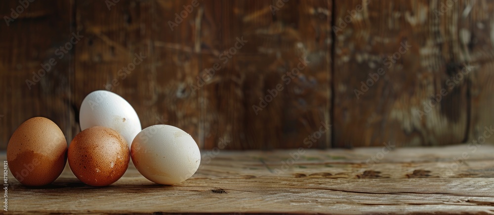 Poster Three eggs displayed on a rustic wooden table with copy space image.