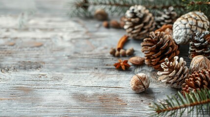 Healthy eating concept with pine cones and nuts on light wooden background emphasizing organic vegetarian diet Overhead perspective with blurred background and space for text
