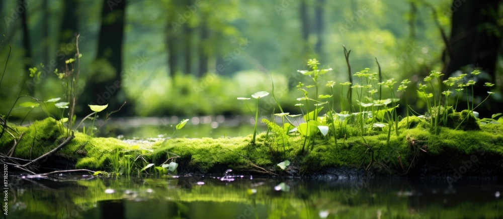 Poster scenic view featuring dense green vegetation, moss, and grass in a swamp setting, with a blurred bac