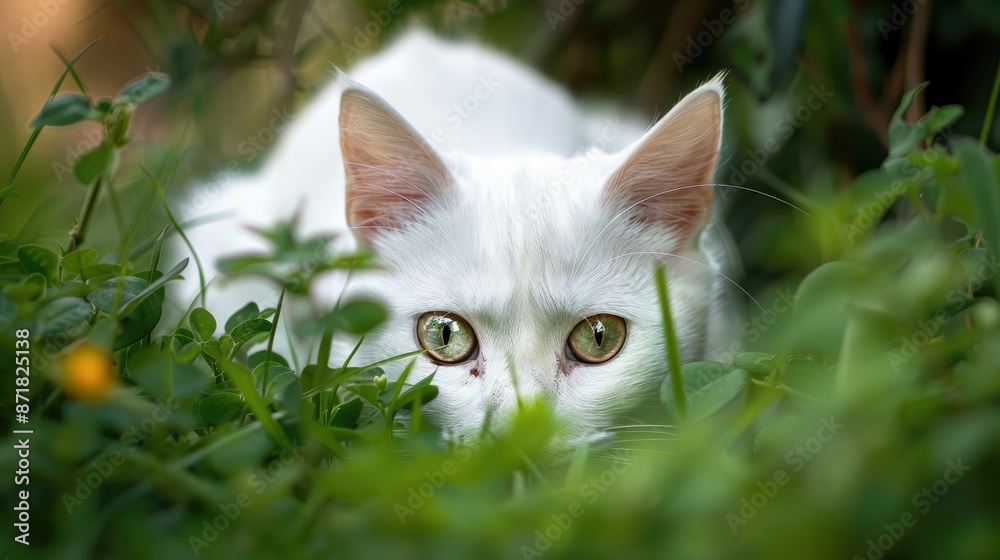 Sticker The white cat is watching and stalking on the green ground