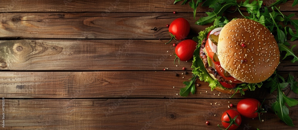 Poster a hamburger with chicken, tomatoes, and green salad is placed on a wooden table in the copy space im