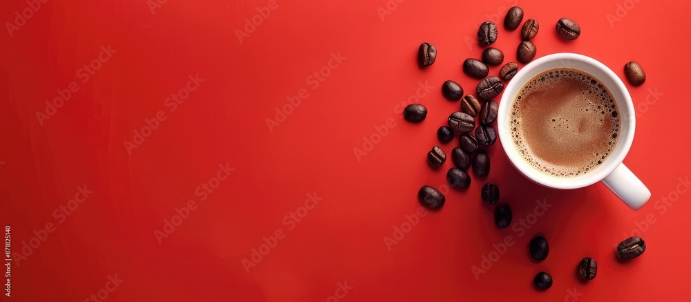 Aufkleber a white coffee cup and coffee beans on a red background create a stylish flat lay with a copy space 
