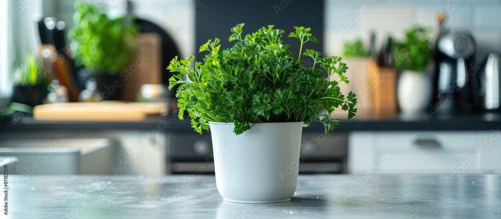 Poster a pot of parsley (petroselinum crispum) within a kitchen setting with a plain background for text or