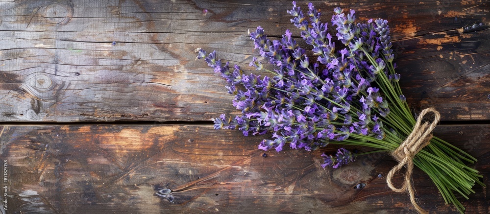 Poster lavender bouquet displayed on rustic wooden table with copy space image.