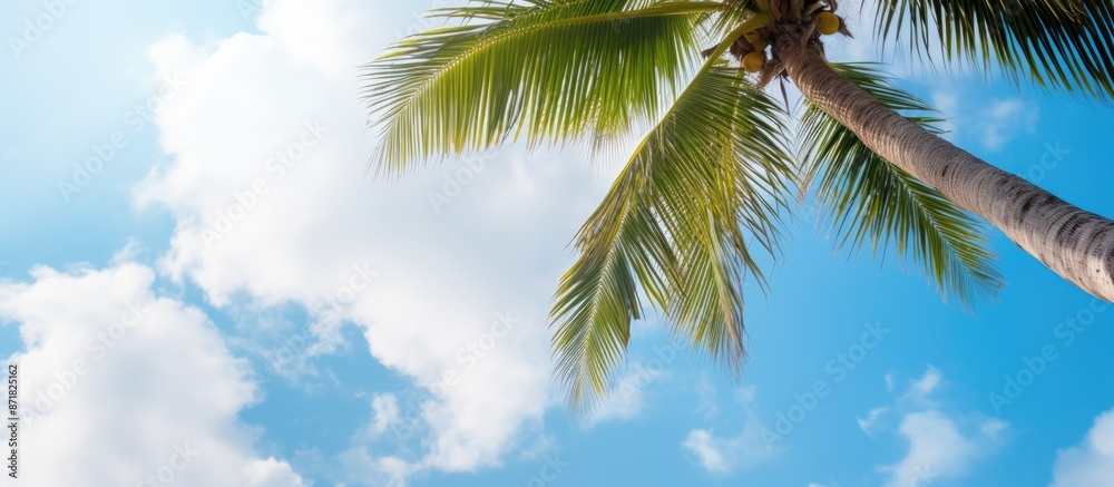 Poster Detailed close-up view of a coconut tree against a backdrop of clouds in the sky, ideal for a copy space image.