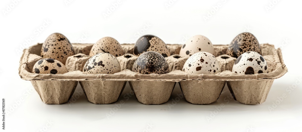 Aufkleber close-up of quail eggs in cardboard packaging on a white background with isolated copy space image.