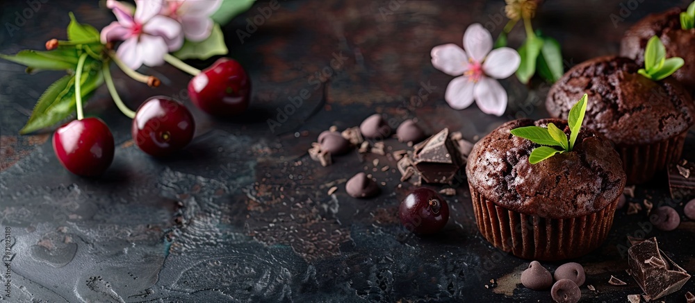 Poster side view of delectable homemade chocolate muffins decorated with bird cherry flowers on a dark back