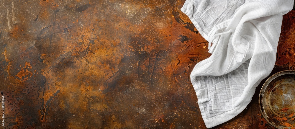 Poster Top view of a kitchen table with a rusty surface and a white towel, ideal for a copy space image.