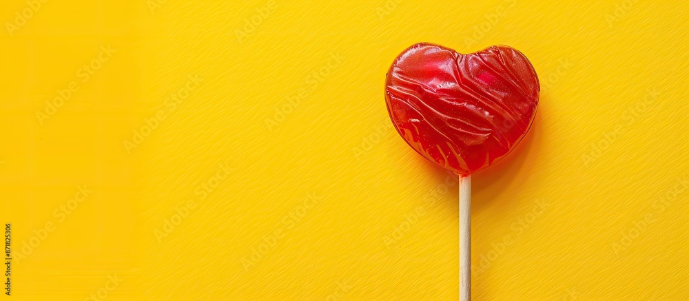 Aufkleber Valentine's heart-shaped lollipop on a yellow backdrop with top view for text in the image.