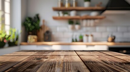 Beautiful wooden table top with blurred modern kitchen background