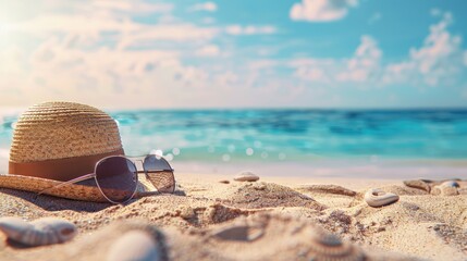 A relaxing beach scene with a sun hat and sunglasses on the sand, space for text