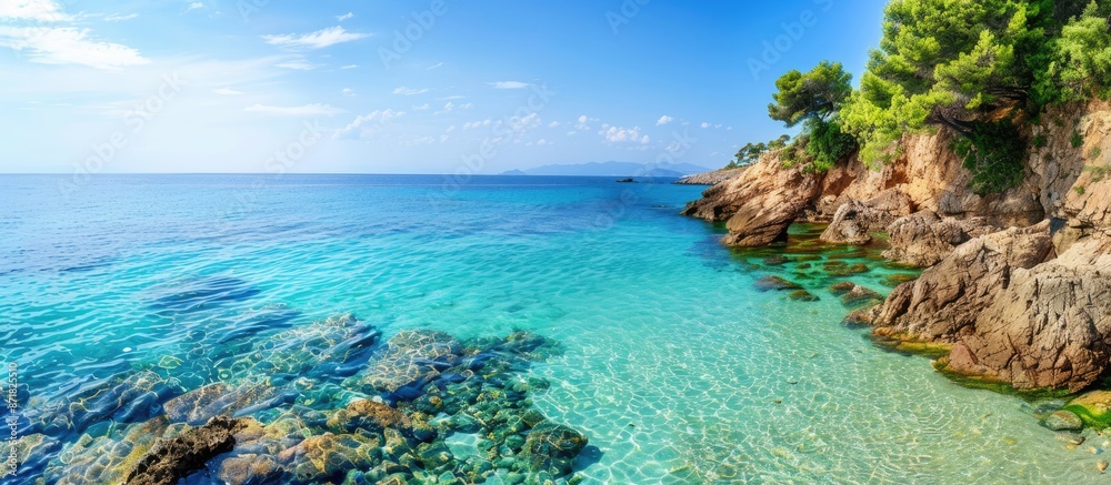 Poster stunning coastal view with clear turquoise waters offers a serene setting for a relaxing holiday wit