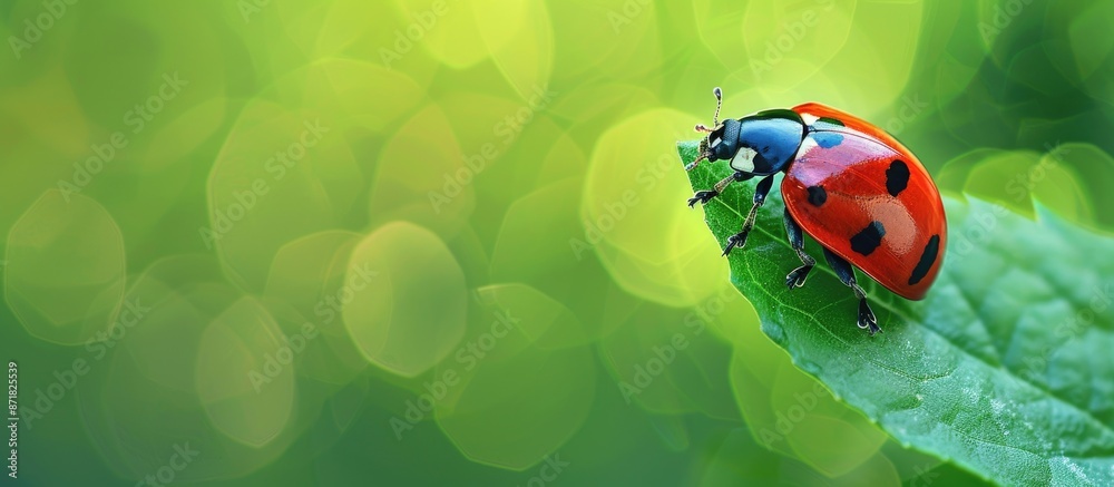 Poster a close-up of a ladybug on a leaf with a red body against a blurred green background, ideal for copy