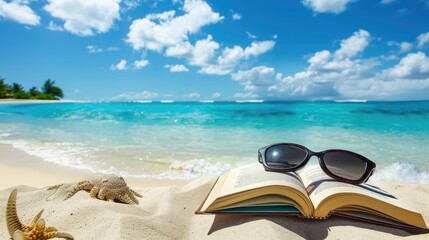 Obraz premium A sandy beach with an open book and sunglasses, space for text in the background
